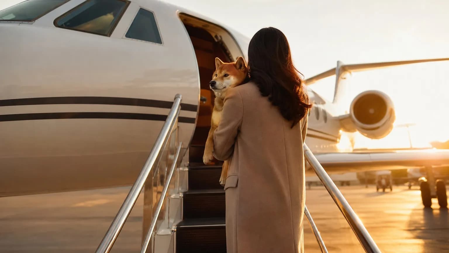 A traveler holding a dog while boarding a private jet